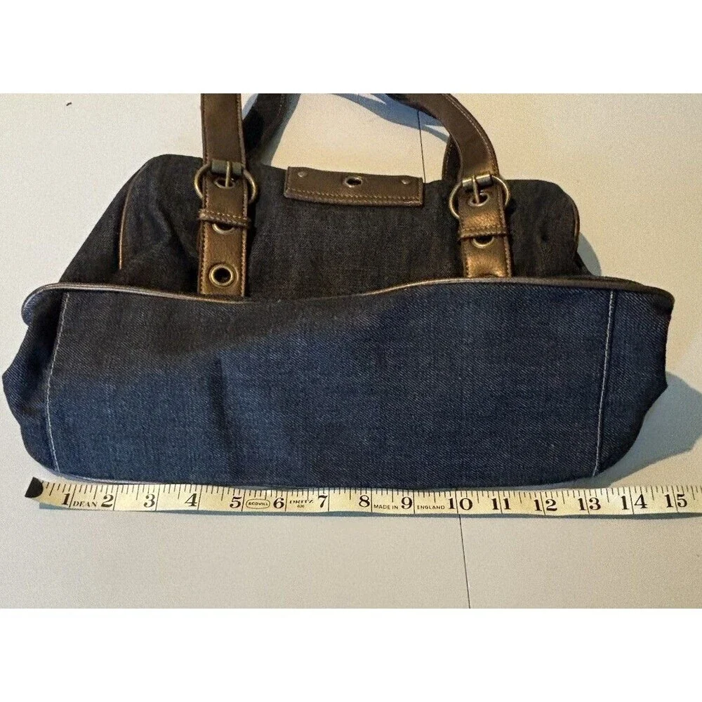 Franco Sarto Denim Blue & Brown Metallic Grommet Studded Y2K Satchel Tote Purse